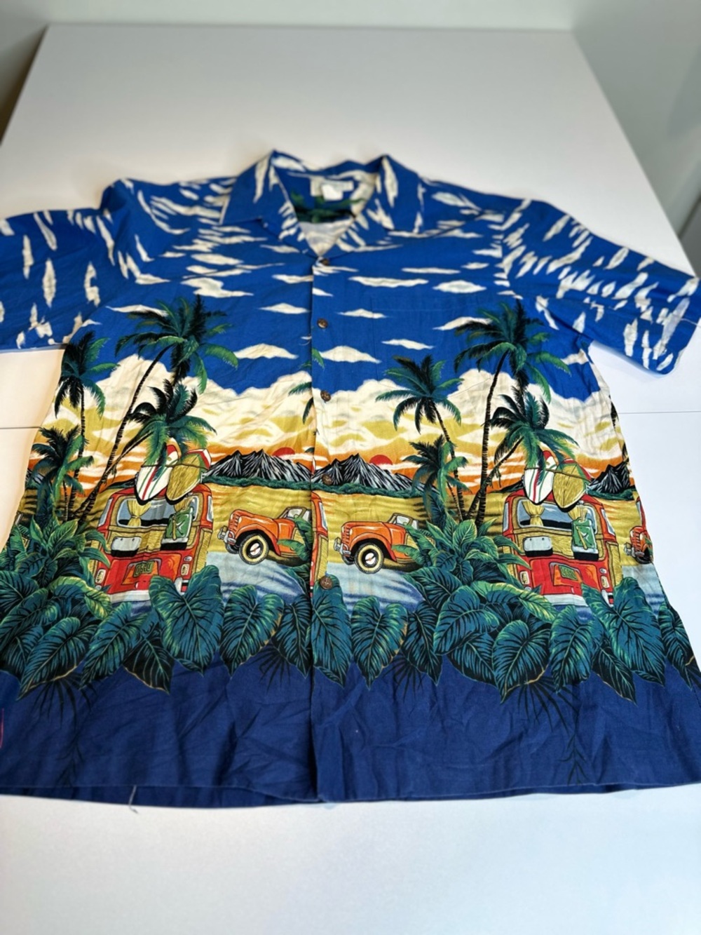 Men's Blue Hawaiian Camp Shirt with Tropical Truck Print
